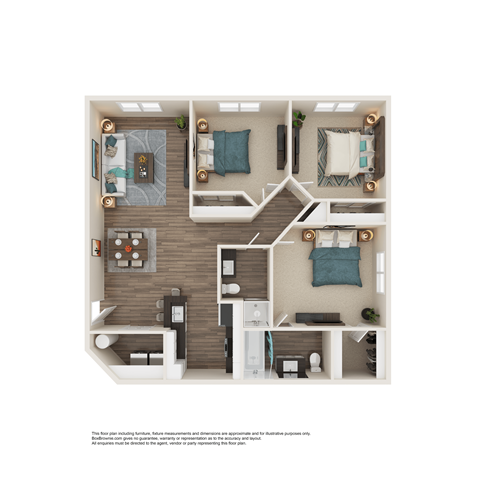 Floor plan for 3 beds, 2 baths, 984 sqft
